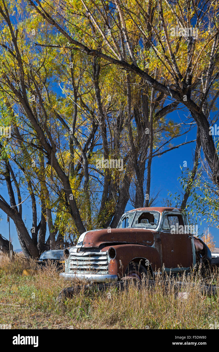Bountiful, Colorado - An old rusted pickup truck with windows smashed. Stock Photo