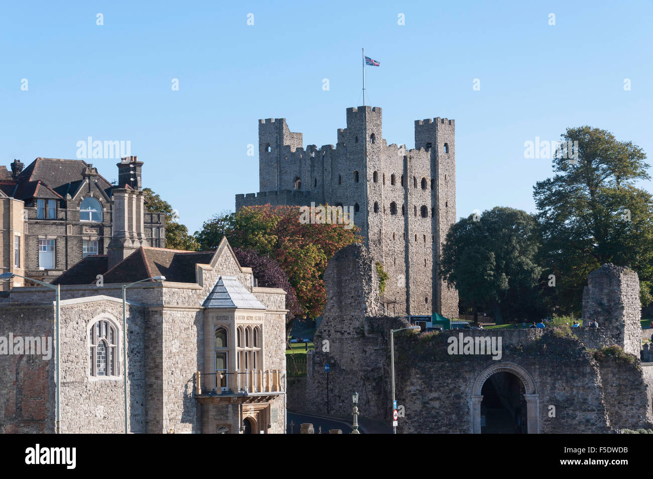 Rochester Castle from Rochester Bridge, Rochester, Kent, England, United Kingdom Stock Photo