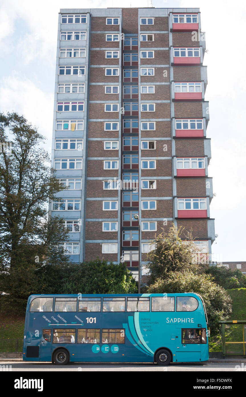 Davis Estate and doubledecker bus at bus stop, Chatham, Kent, England
