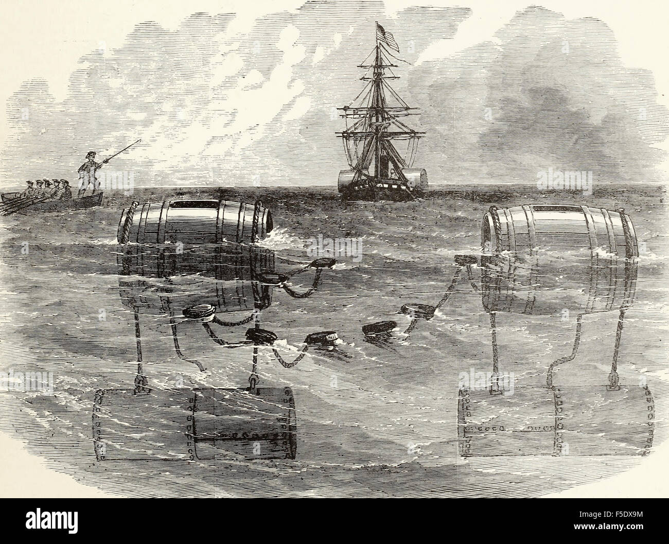 Infernal machine designed by the Confederates to destroy the Federal Flotilla in the Potomac discovered by Captain Budd on the steamer Resolute - USA Civil War Stock Photo