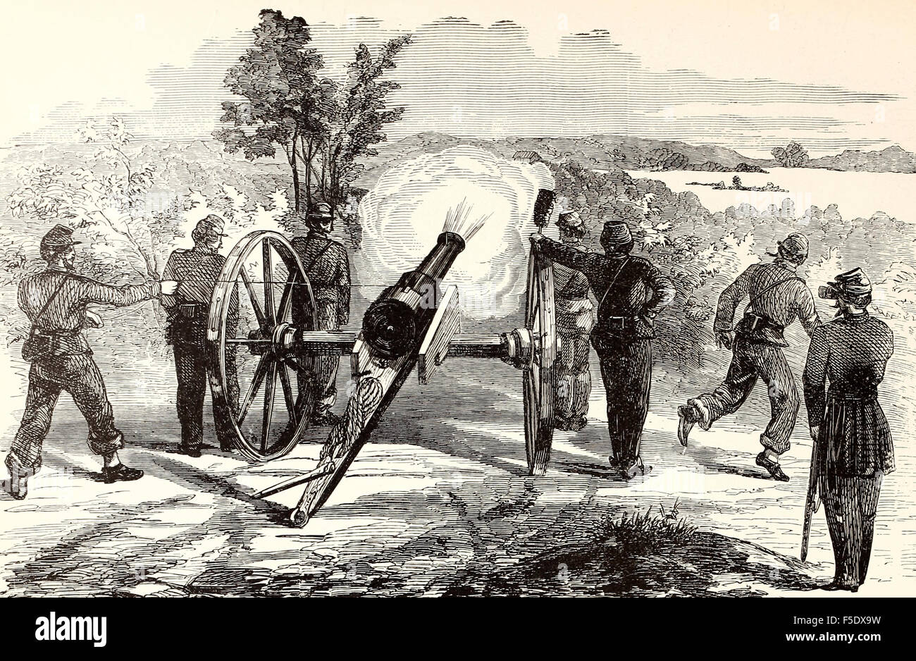Shelling Confederate Cavalry across the Potomac River from the heights of Great Falls, by Major West, of Campbell's Pennsylvania Artillery, October 4th, 1861. USA Civil War Stock Photo