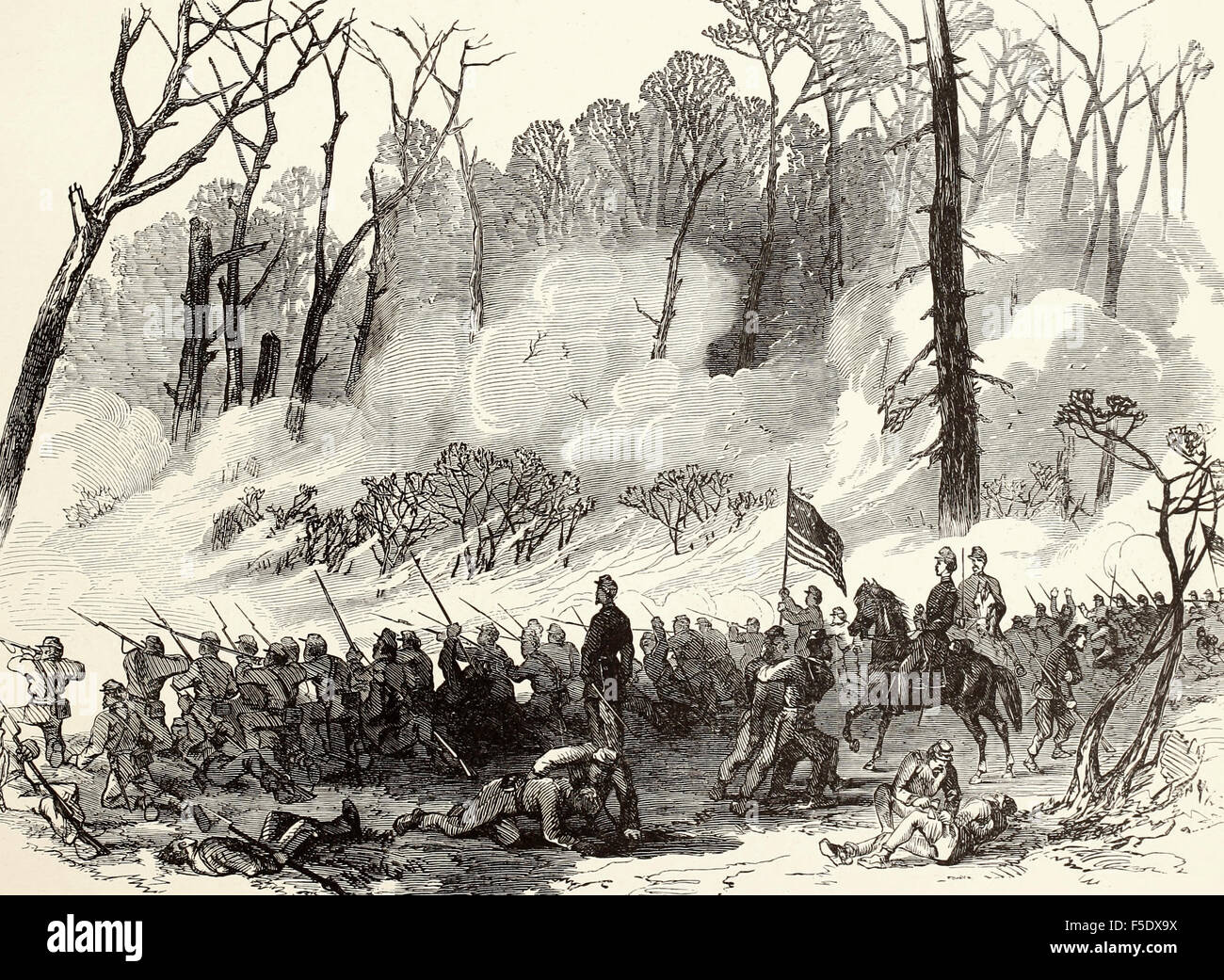 Battle of Shiloh, or Pittsburg Landing - Left Wing. The woods on fire during the engagement of Sunday, April 6th, 1862 - Forty-Fourth Indiana Volunteers engaged. USA Civil War Stock Photo