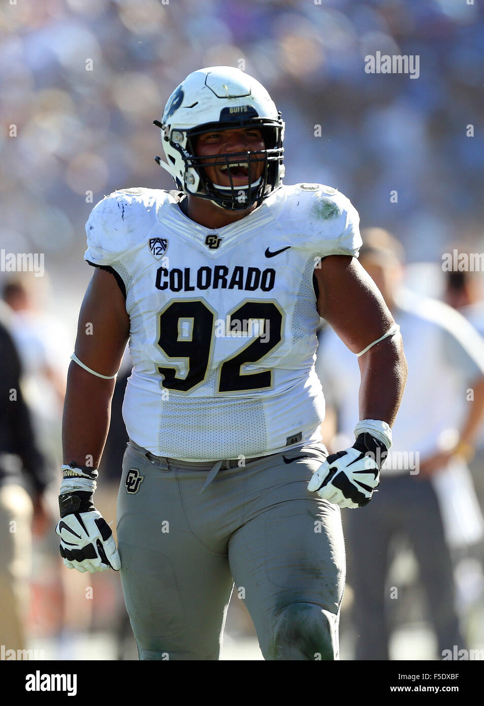 October 31, Colorado Buffaloes defensive lineman Jordan Carrell #92 in action during the college football game between UCLA Bruins and the Colorado Buffaloes at the Rose Bowl in Pasadena, California.Charles