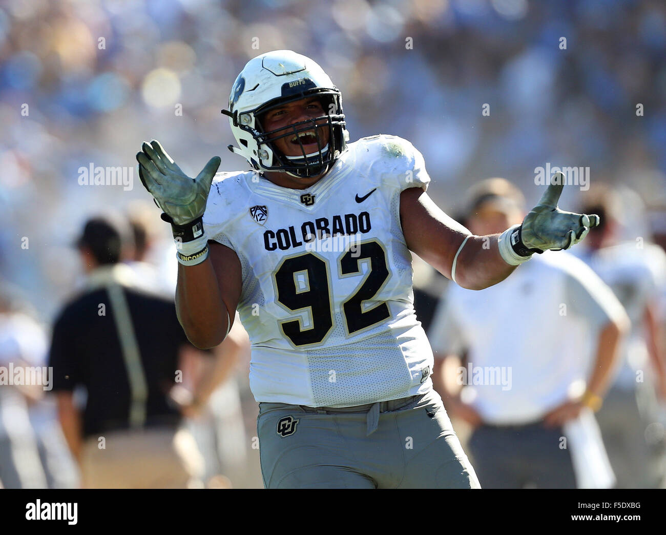 October 31, Colorado Buffaloes defensive lineman Jordan Carrell #92 in action during the college football game between UCLA Bruins and the Colorado Buffaloes at the Rose Bowl in Pasadena, California.Charles