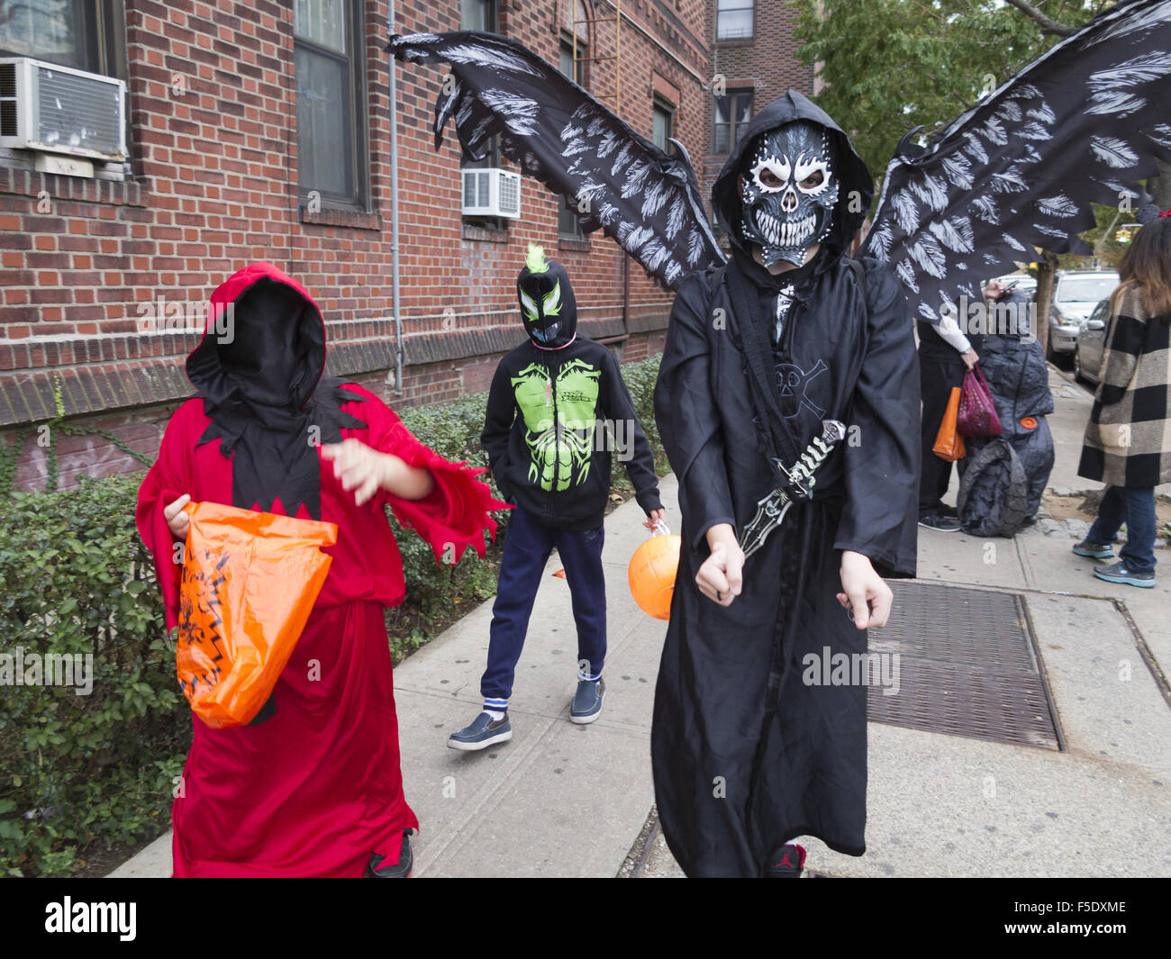 Scary trick-or-treater in the Kensington section of Brooklyn, New York, 2015. Stock Photo