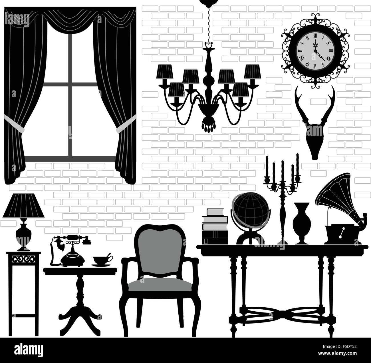 Old Grandfather Room Antique Retro Living Hall Furniture Stock Vector