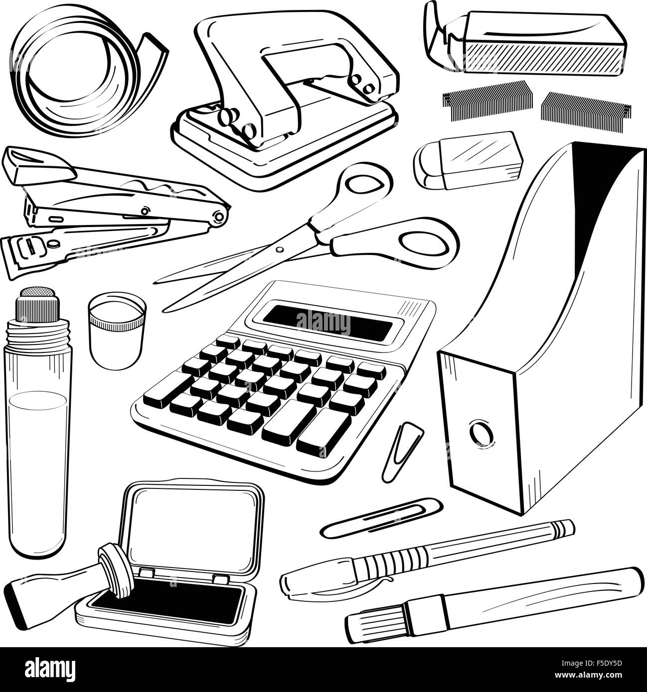 Black and White Set of Stationery. Office Supplies Stock Illustration -  Illustration of lock, laptop: 146118904