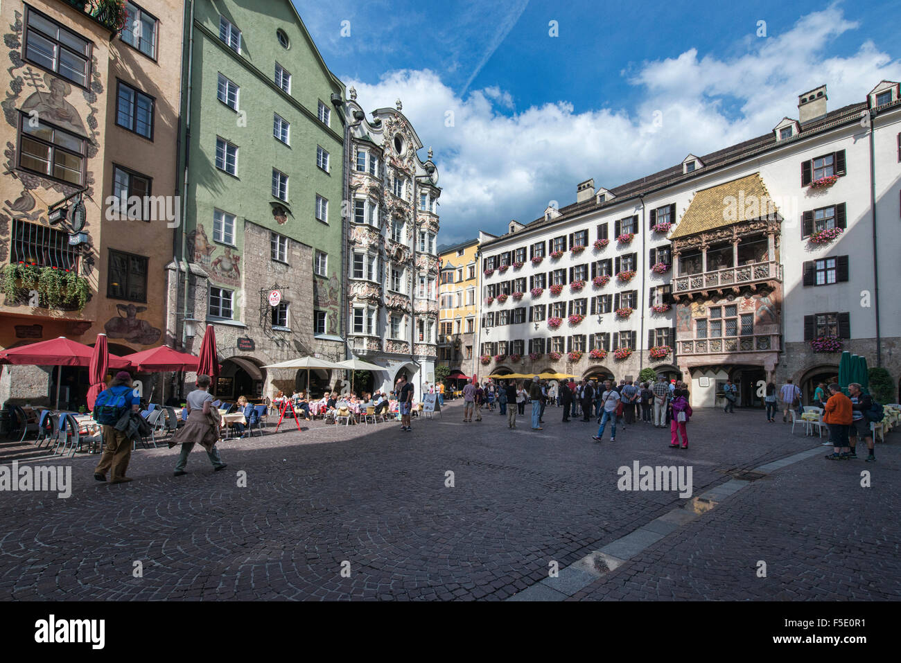 The beautiful Helblinghaus (Casa Helbling), Goldenes Dachl, and other Baroque and Gothic buildings in the Old Town of Innsbruck, Stock Photo