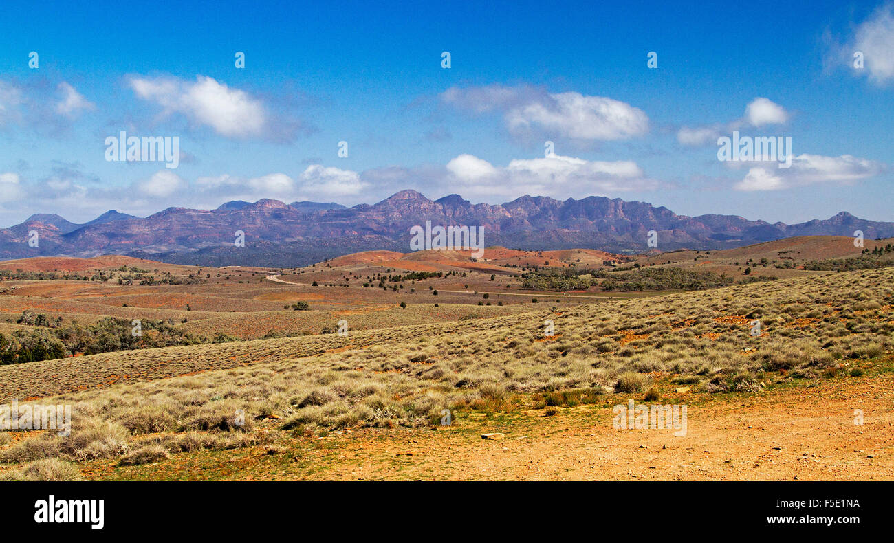 Spectacular panoramic landscape of red rocky peaks beyond rolling hills in Flinders Ranges National Park, outback South Australia Stock Photo