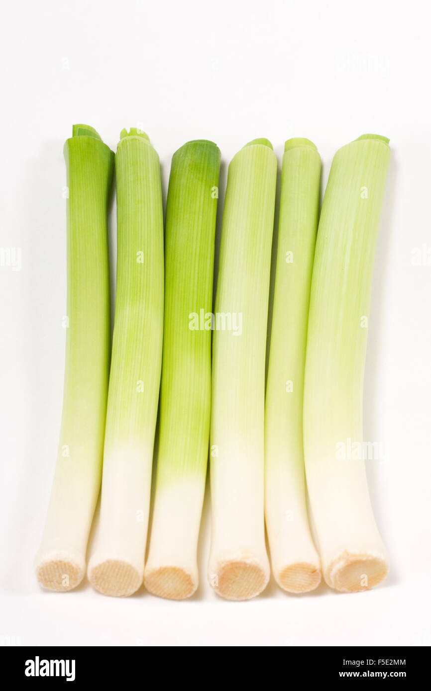 Allium. Trimmed and washed miniature leeks on a white background. Stock Photo