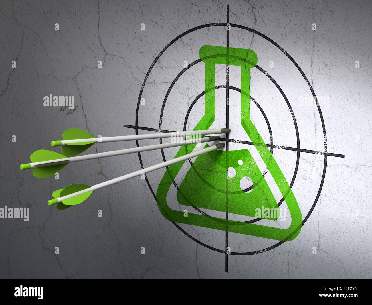 Science concept arrows in Flask target on wall background Stock Photo