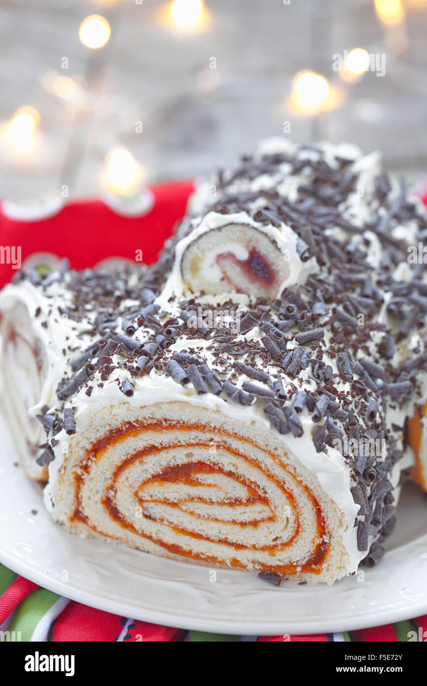 Fruit yule log cake with chocolate for Christmas Stock Photo - Alamy