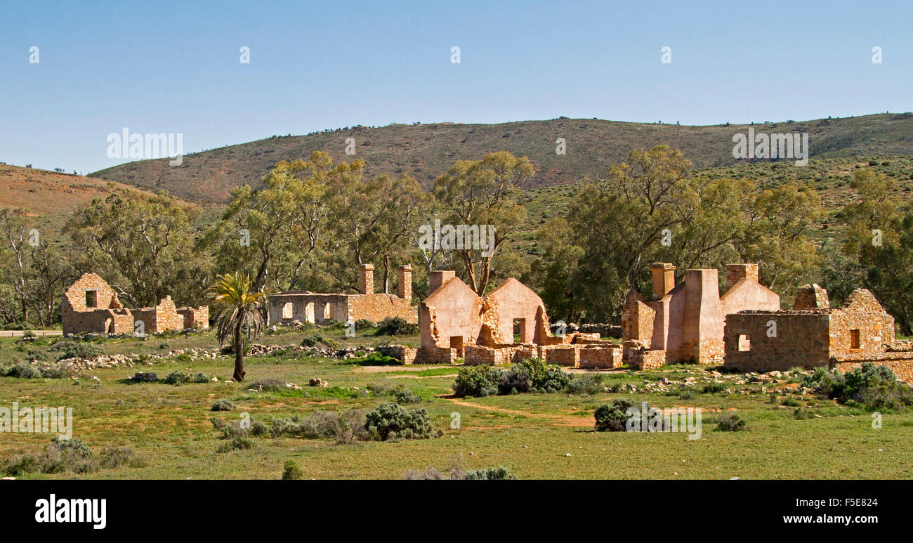 Panoramic view of historic stone buildings at ruins of Kanyaka homestead under blue sky north of Quorn, outback South Australia Stock Photo