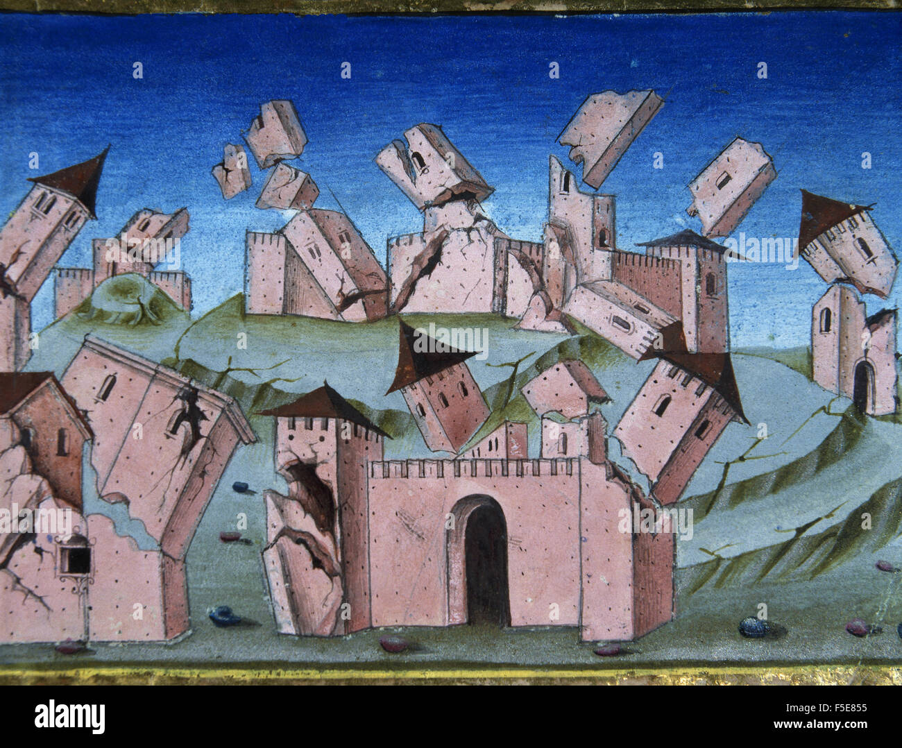 Cristoforo de Predis (1440-1486). Italian miniaturist. Miniature depicting The end of the world and the Last Judgment. All houses and villages be destroyed. 6th time. In Stories of Saint Joachim, Saint Anne, Virgin Mary, Jesus, the Baptist and the End of the World, 1476, written by Galeazzo Maria Sforza (1444-1476). Royal Library. Turin. Italy. Stock Photo
