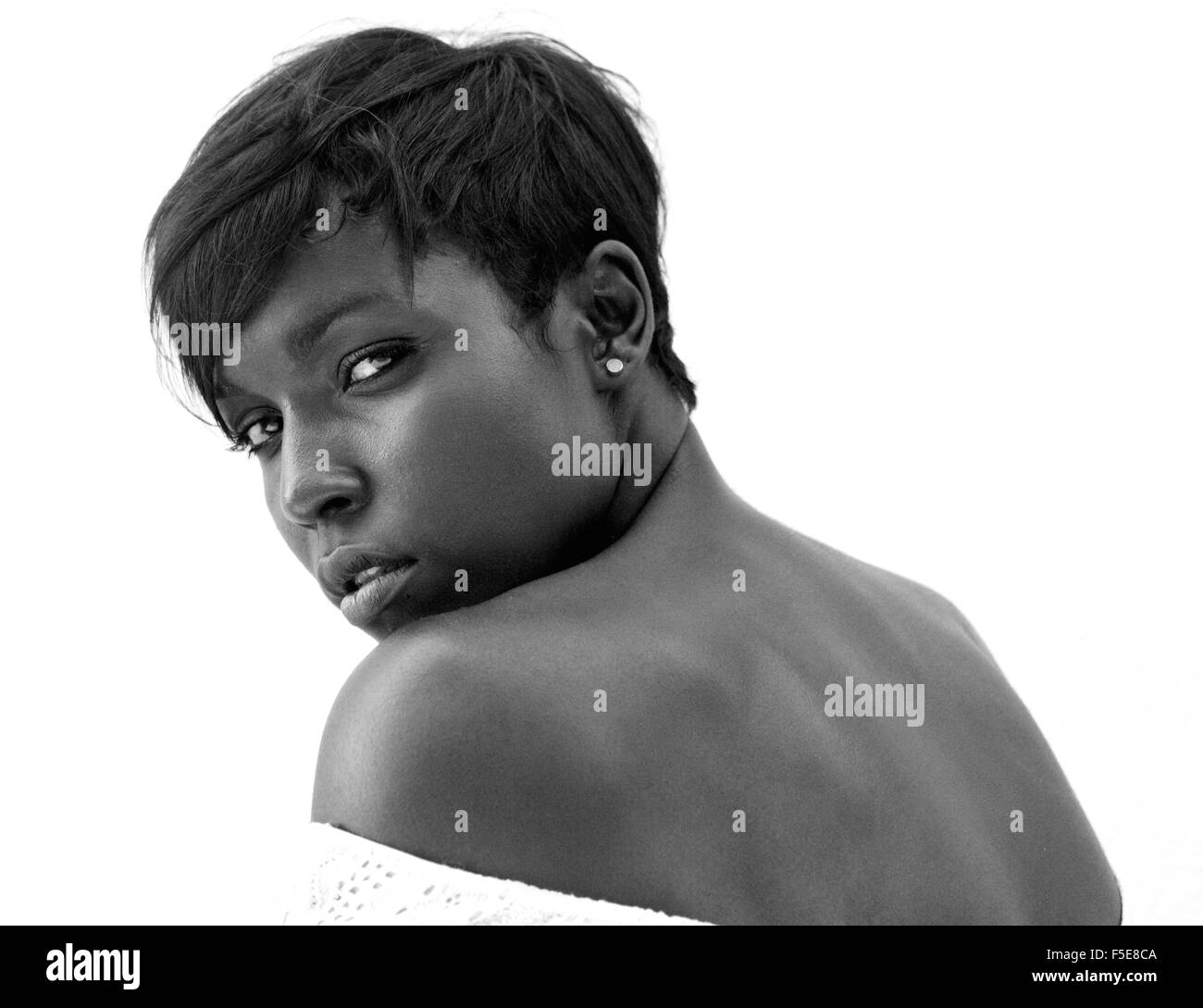 Close up black and white portrait of an african american female fashion ...