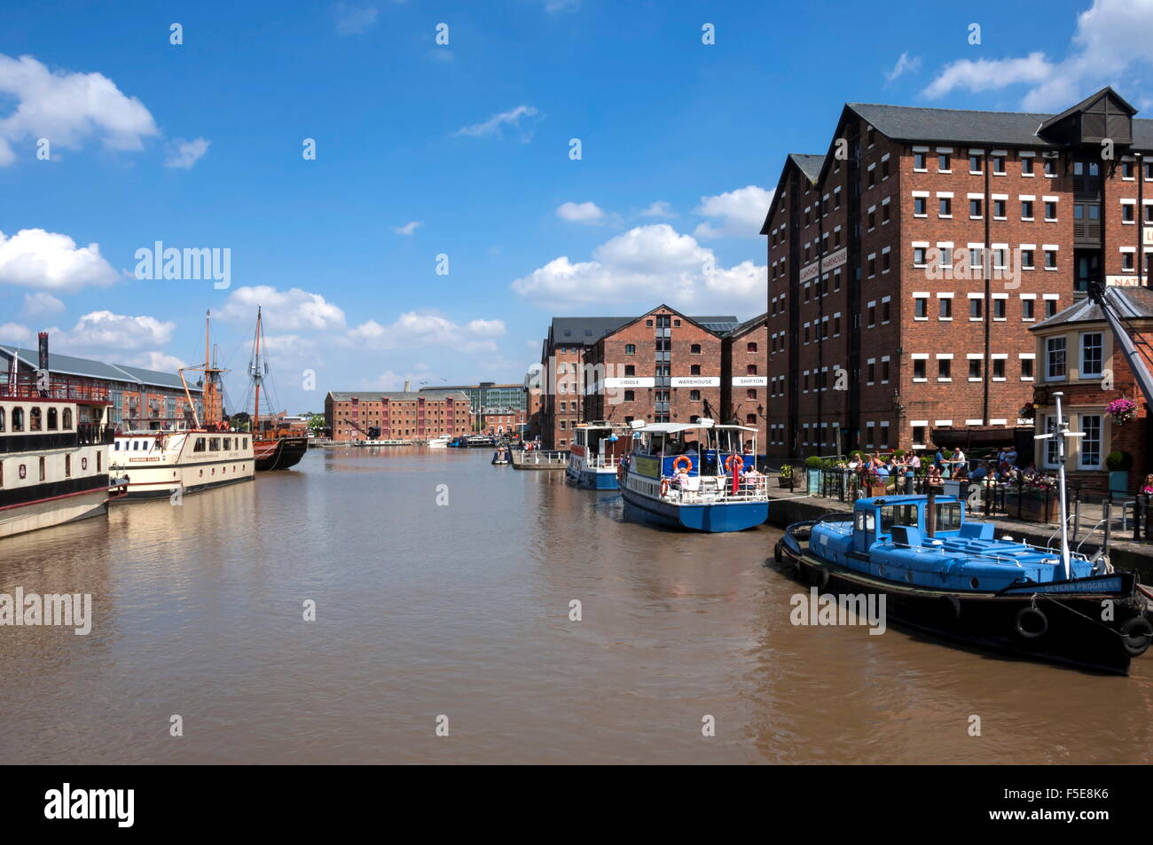 Gloucester Historic Docks, tourist vessels and former warehouses, Gloucester, Gloucestershire, England, United Kingdom, Europe Stock Photo