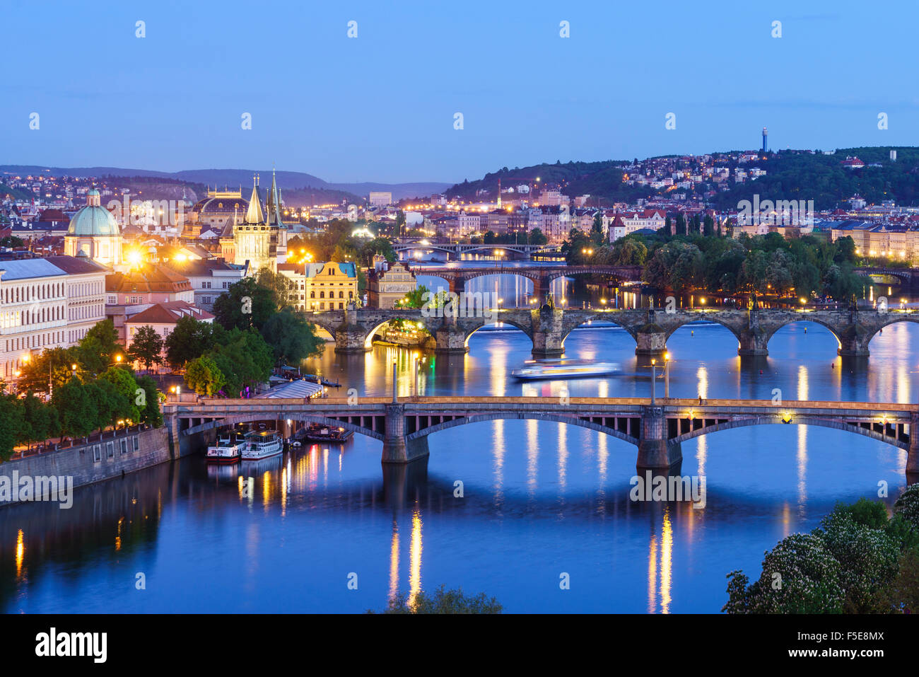 Looking down the Vltava River to Manesuv, Prague Castle and Hradcany, Prague, Czech Republic Stock Photo