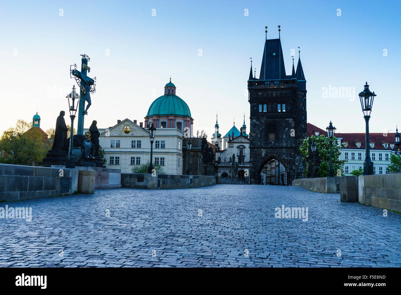 Early morning on Charles Bridge, UNESCO World Heritage Site, Prague, Czech Republic, Europe Stock Photo