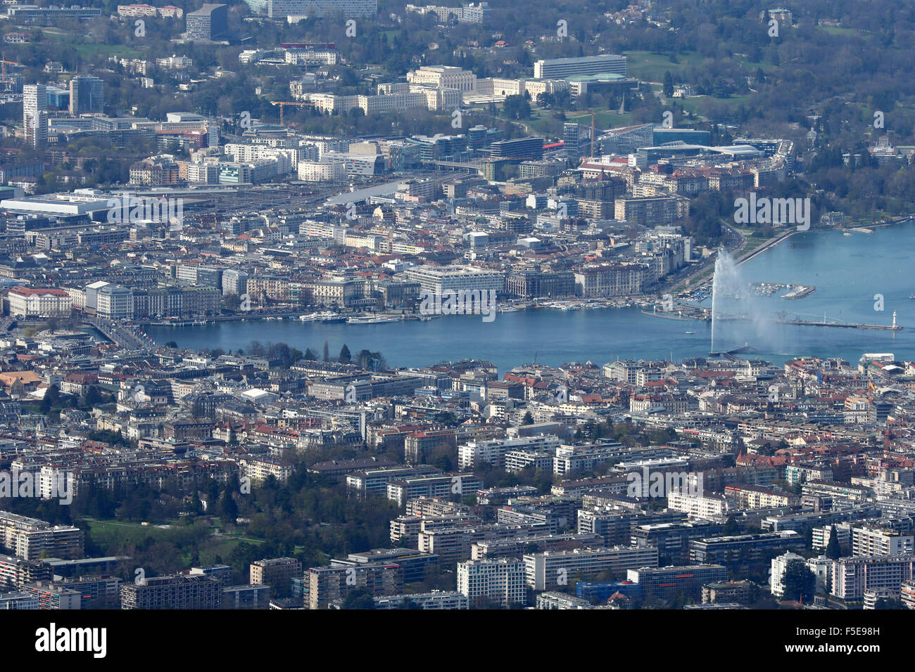 Lake Geneva and water jet, the world's tallest fountain, Geneva, Switzerland, Europe Stock Photo