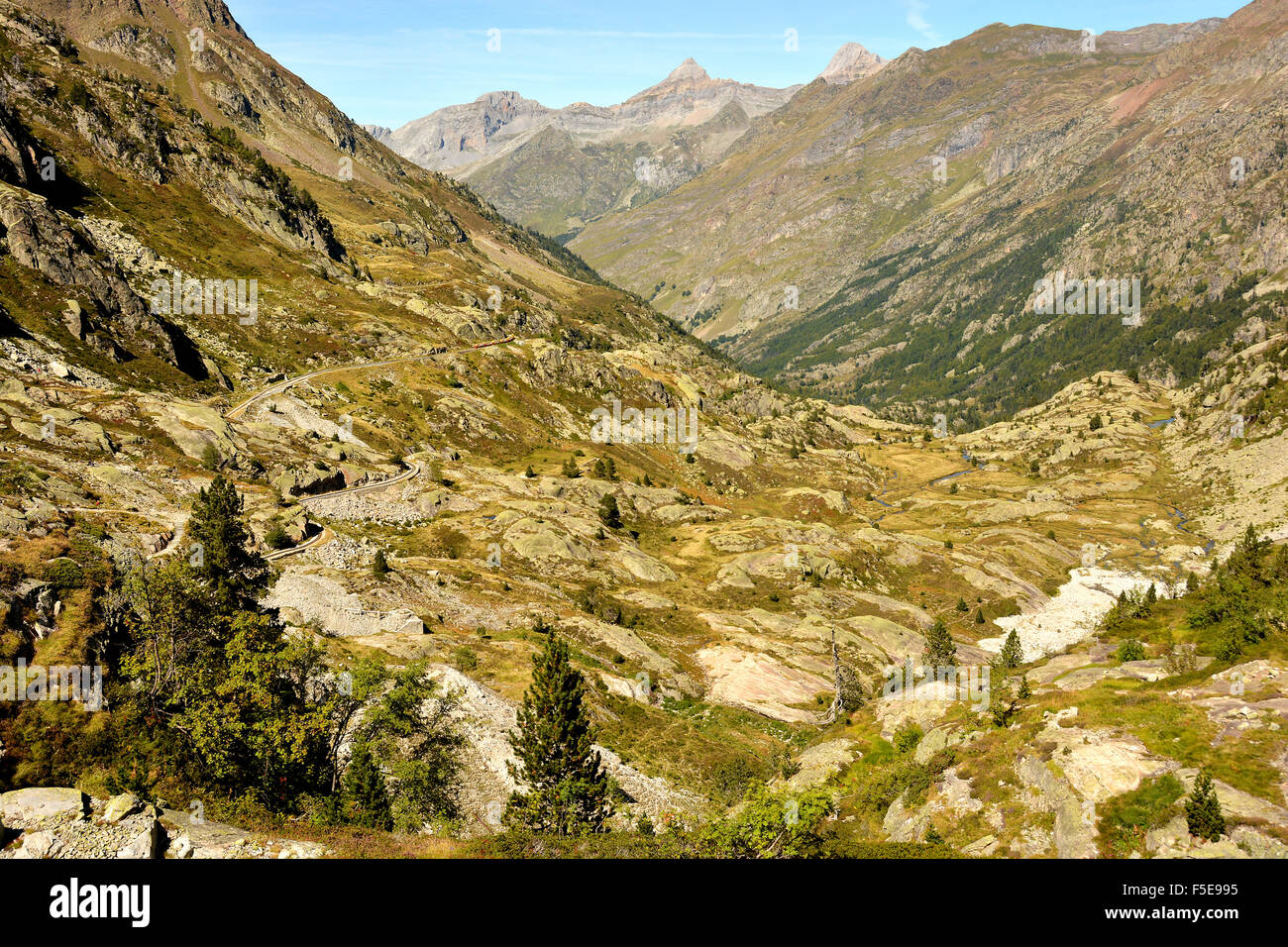 Pyrenees mountains rise above the Osseau valley, Pyrenees-Atlantiques, France, Europe Stock Photo