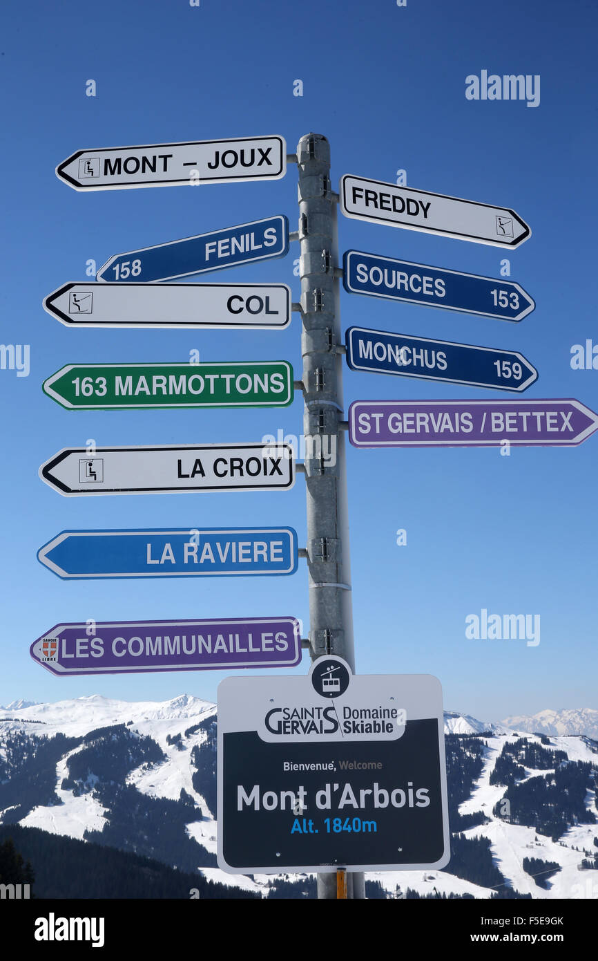 Skiing slope signs in Saint-Gervais les Bains, Haute-Savoie, France, Europe Stock Photo