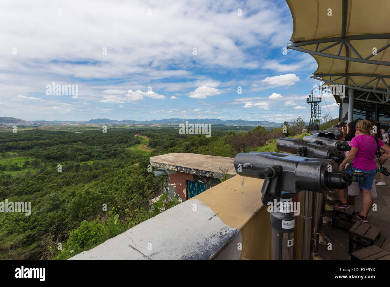 Tourists look at North Korea from the Dora Observatory, Demilitarised Zone (DMZ), North and South Korea border, Asia Stock Photo