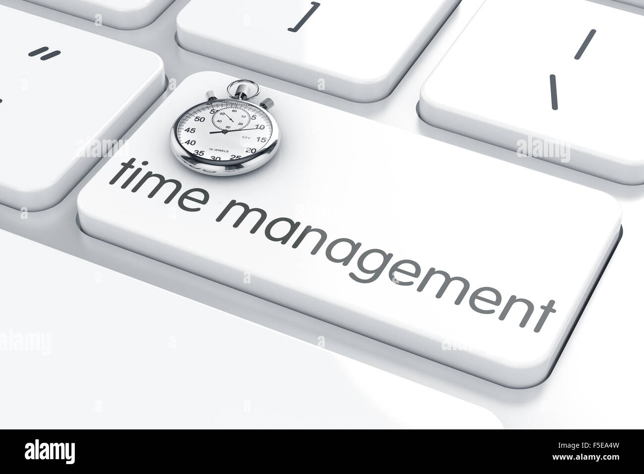 3d render of stopwatch clock on the keyboard. Time management concept ...