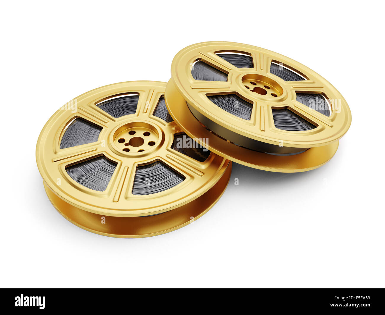 3d illustration of golden film reels isolated on white background