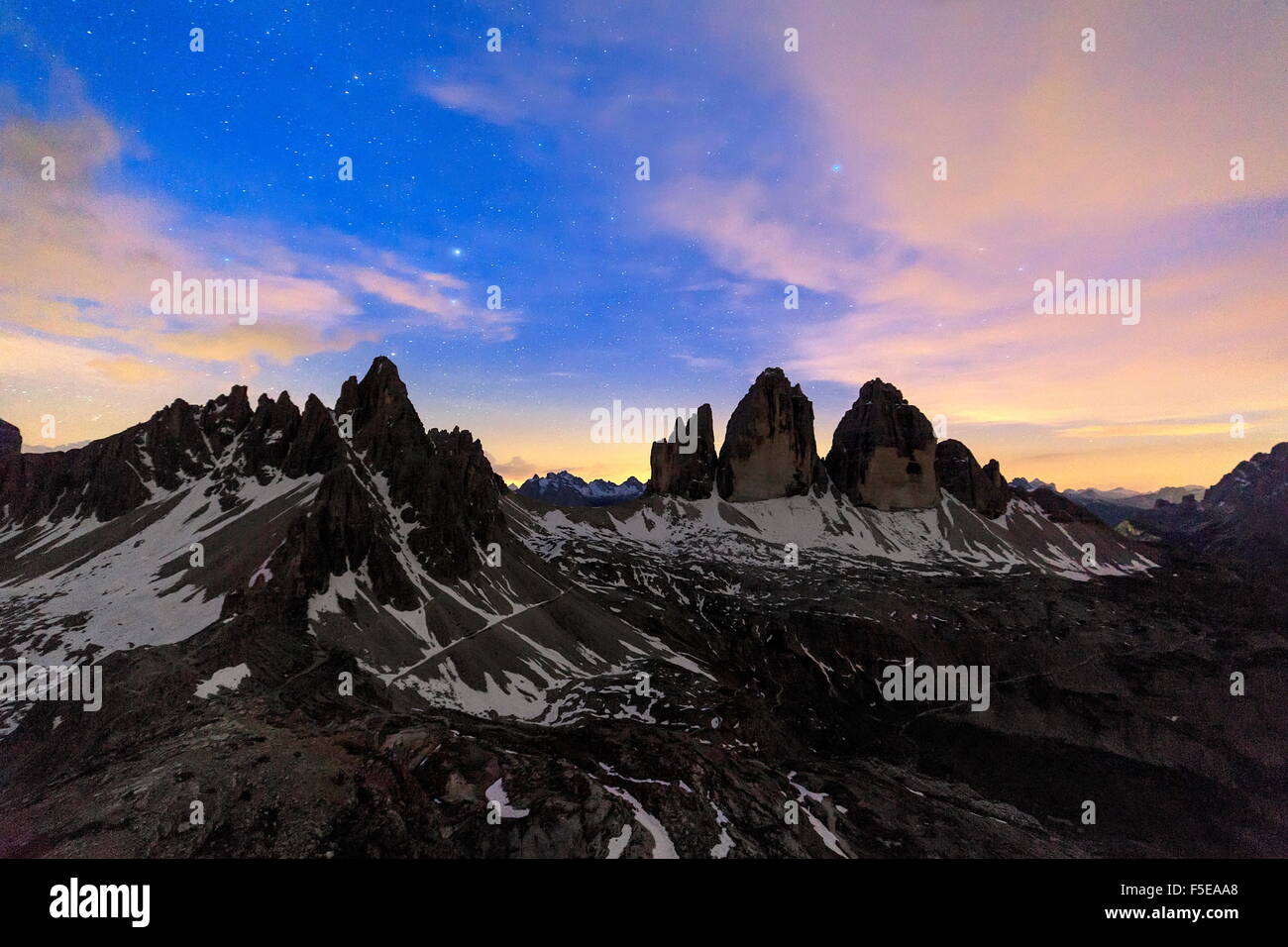 Starry night frame the Three Peaks of Lavaredo, Sesto, Dolomites, Trentino-Alto Adige, Italy, Europe Stock Photo