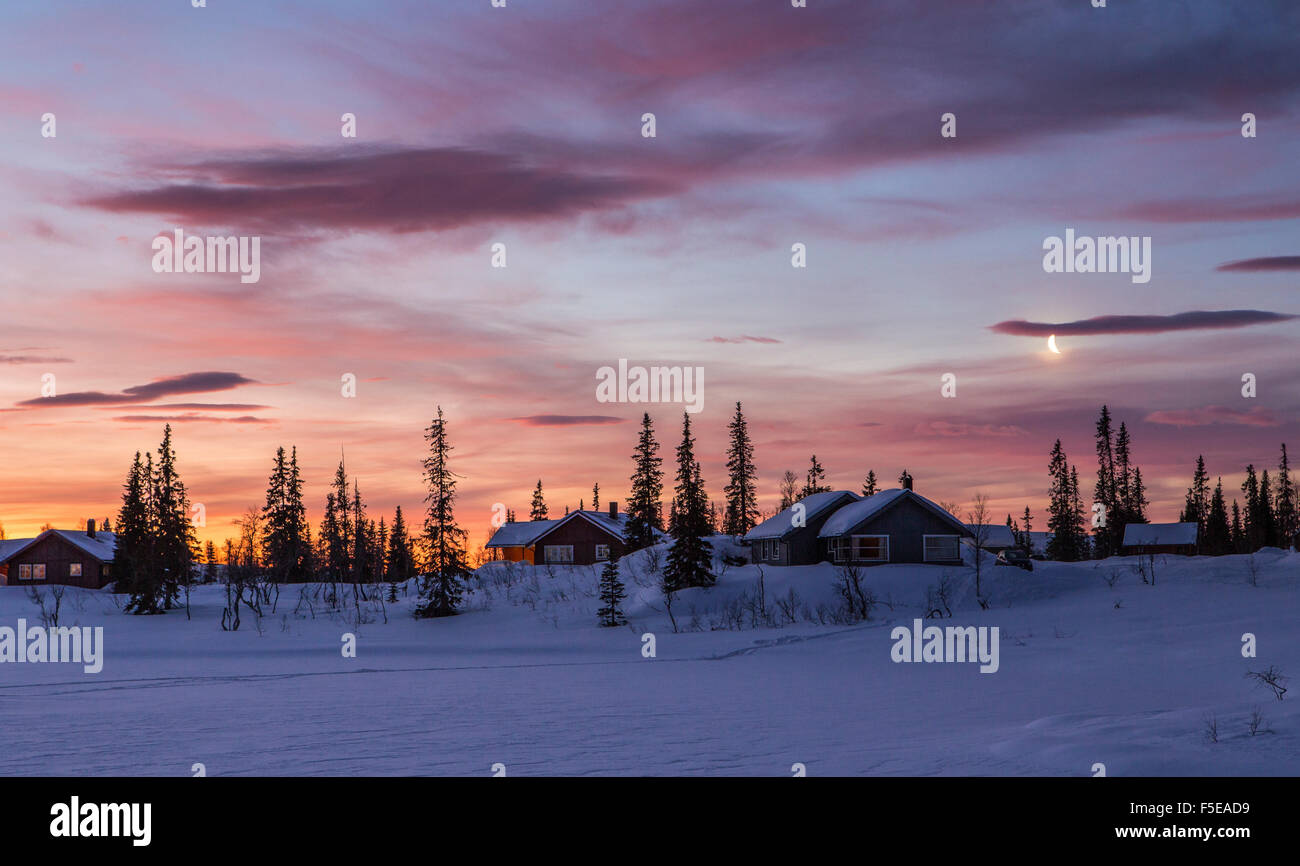 Pink sky at sunrise, Rorvik, Borgefjell National Park, Trondelag, Norway, Scandinavia, Europe Stock Photo