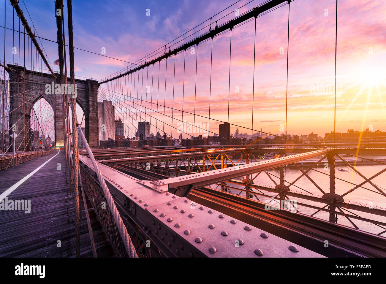 New York City, USA, early in the morning on the famous Brooklyn Bridge