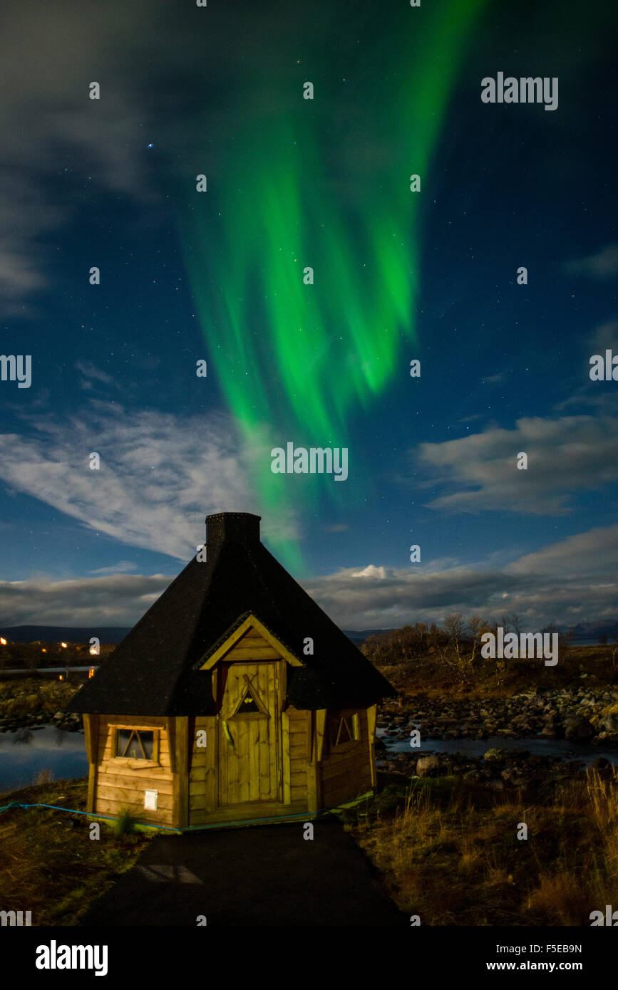 Aurora borealis over lakeside Kota (hut), Kilpisjarvi, Northwest Finland, Lapland, Finland, Scandinavia, Europe Stock Photo