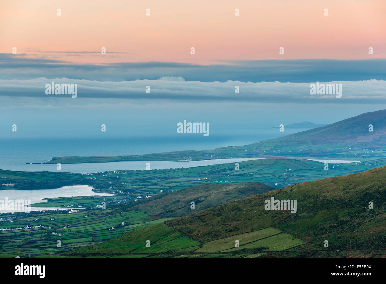 Dingle Bay at dawn from Conor Pass, Dingle Peninsula, County Kerry, Munster, Republic of Ireland, Europe Stock Photo