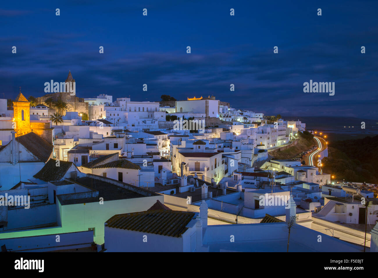 Evening rooftop views of the whitewashed village (Pueblos blanca) of Vejer de la Frontera, Cadiz province, Andalucia, Spain Stock Photo