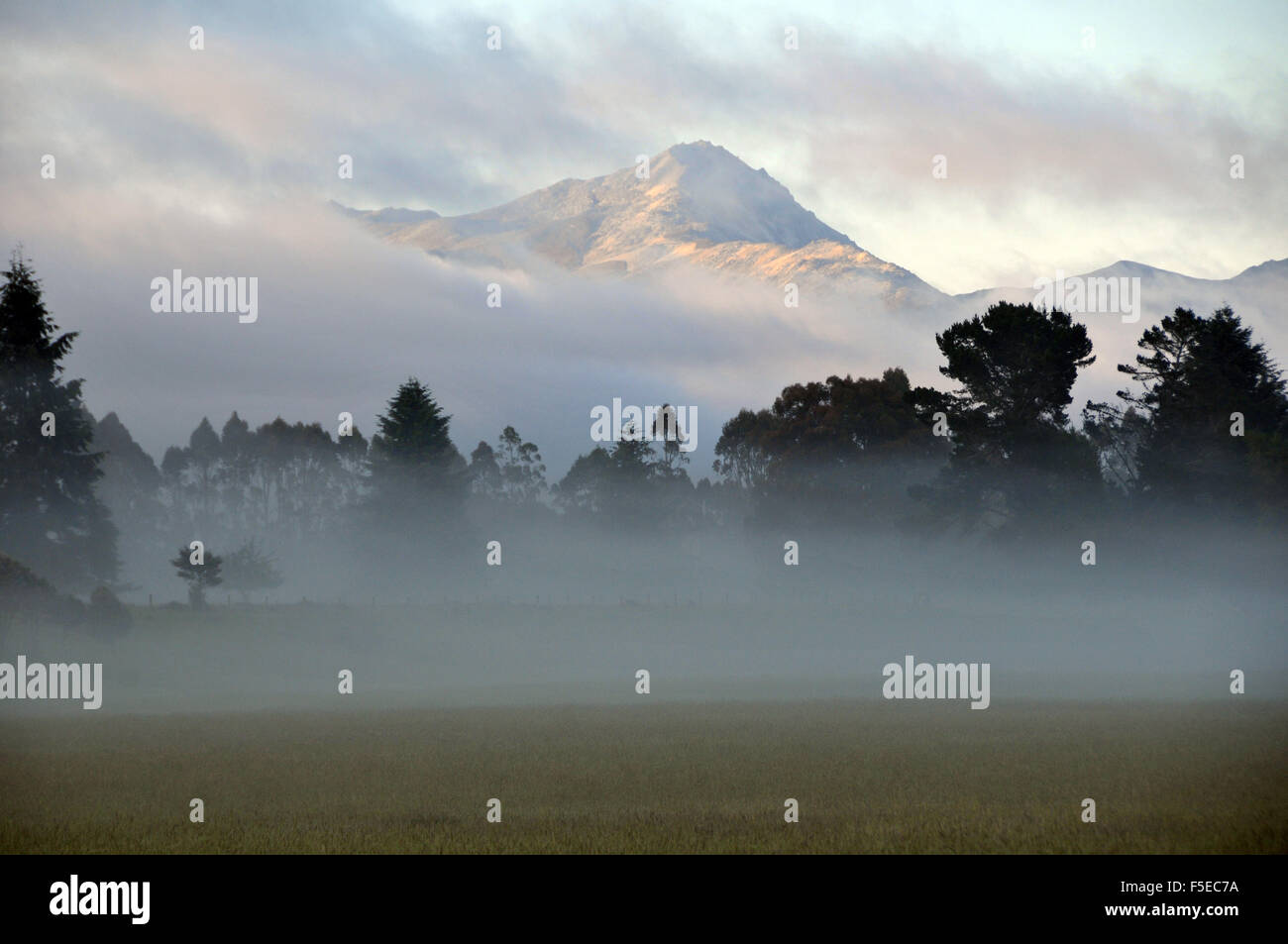 Misty mountain around Manapouri, Southland, South Island, New Zealand Stock Photo