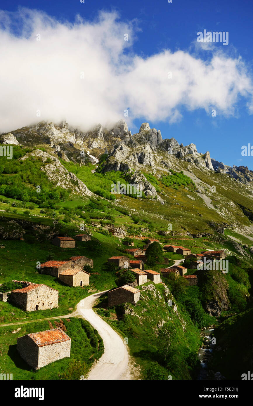 Old farmhouses near Sotres, Picos de Europa, Parque Nacional de los Picos de Europa, Asturias, Cantabria, Spain, Europe Stock Photo