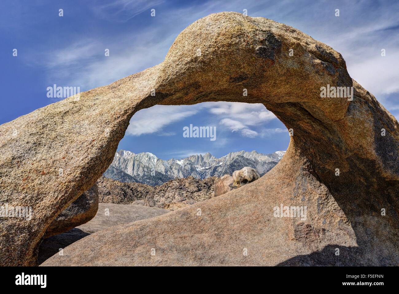 Mount whitney seen from mobius arch, Alabama Hills, California, USA Stock Photo