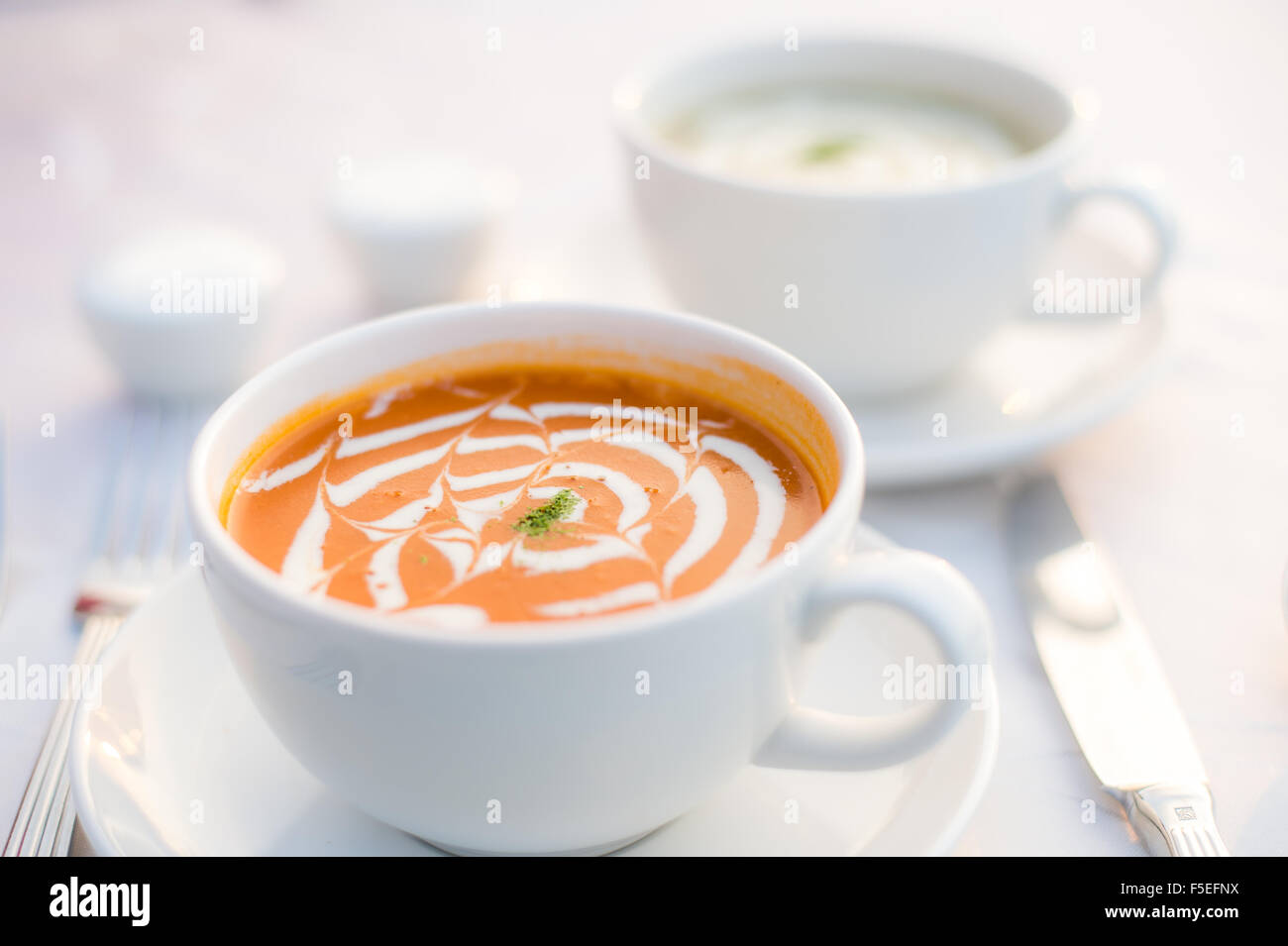 Cups of mushroom soup and tomato bisque, Penang, Malaysia Stock Photo