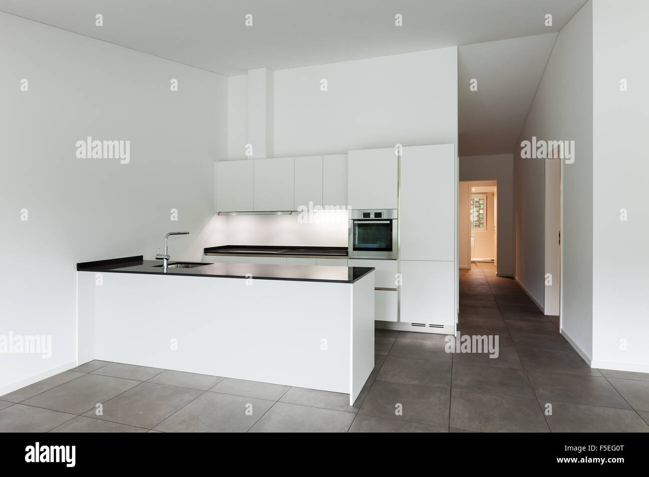 interior of new apartment, white domestic kitchen Stock Photo