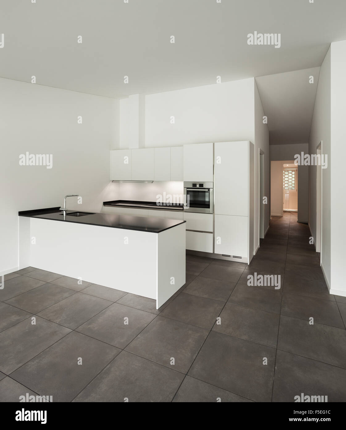 interior of new apartment, white domestic kitchen Stock Photo