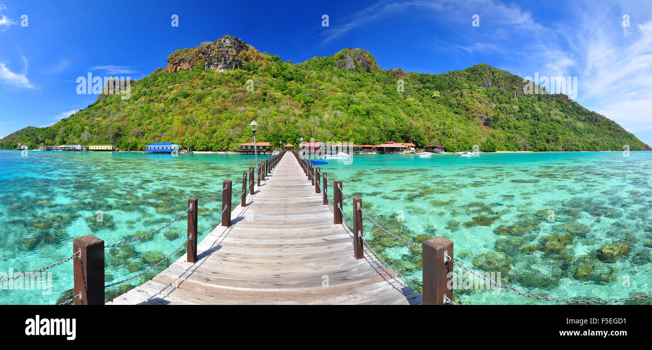 Wooden pier leading to Bohey dulang island, Borneo, Malaysia Stock Photo