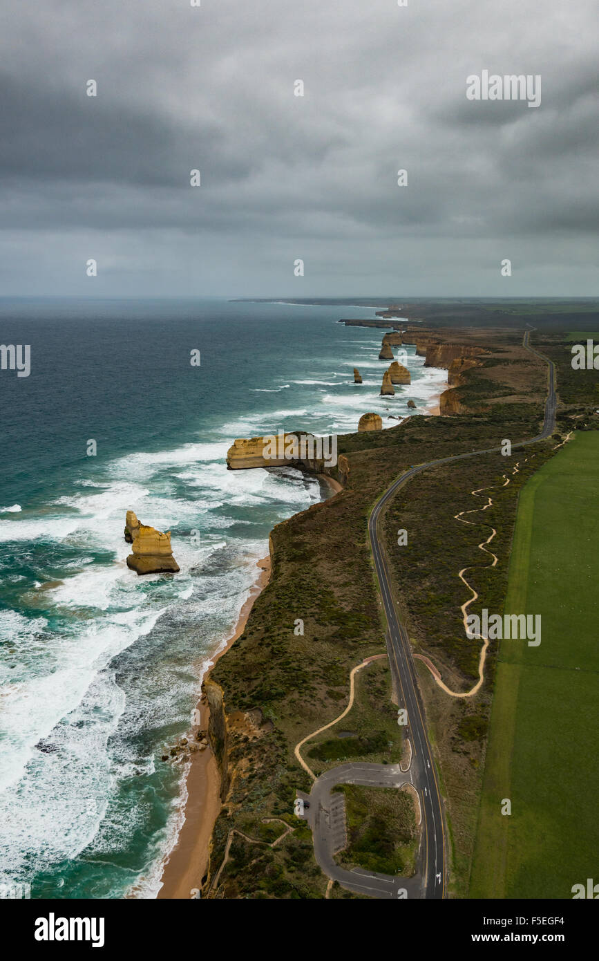 Aerial view of Great Ocean Road and The Twelve Apostles, Twelve Apostles Marine National Park, Victoria, Australia Stock Photo