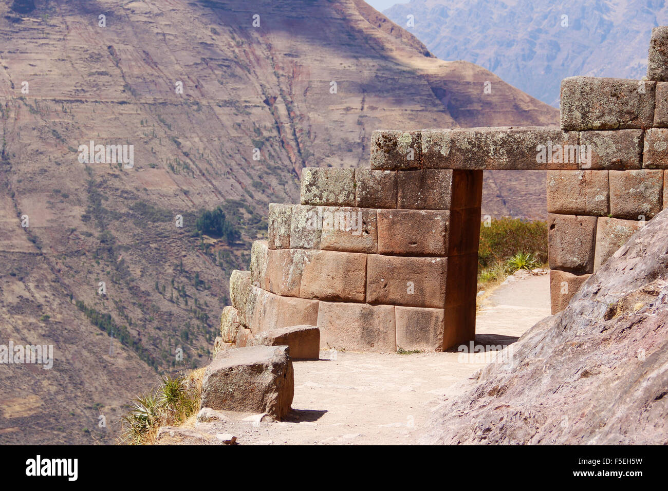 Gate of Incan citadel, Pisac, Cusco, Peru Stock Photo