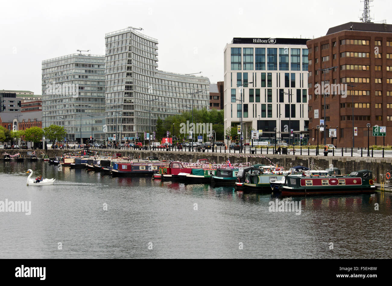 Residential barges moored at the Albert Dock in Liverpool, England