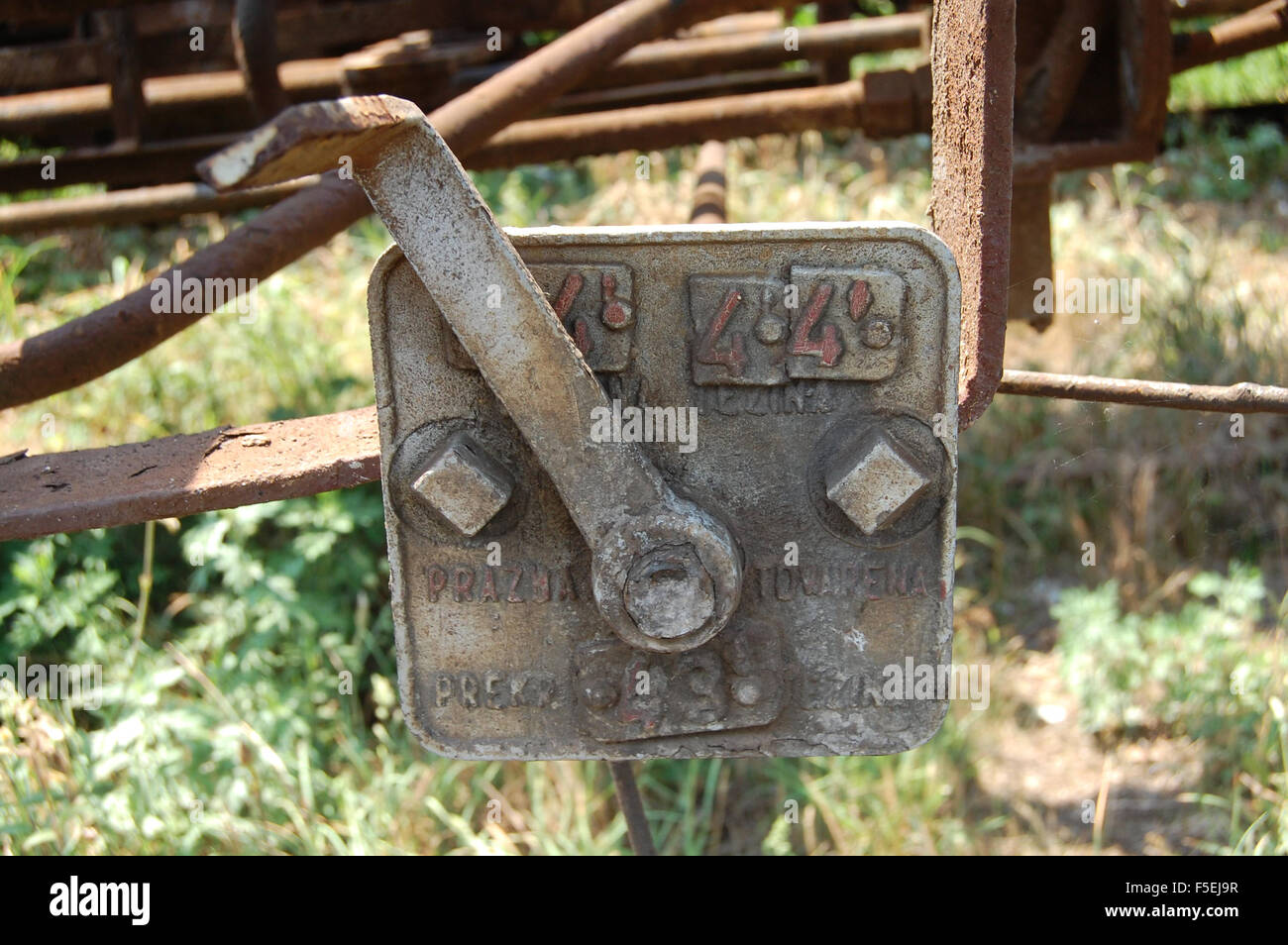 Old manual transmission braking force on an old railway wagon. Stock Photo