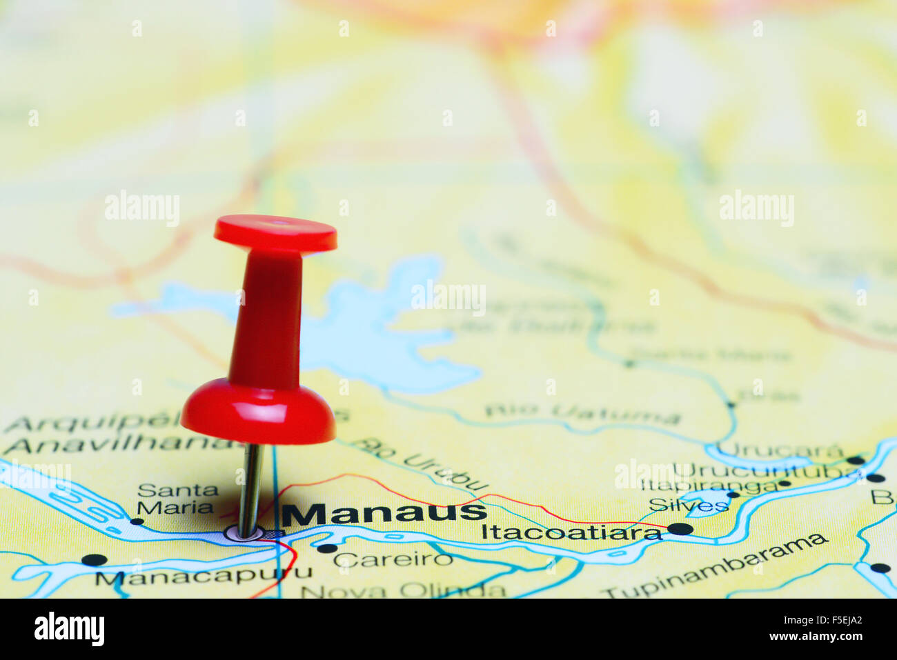 Manaus pinned on a map of Brazil Stock Photo