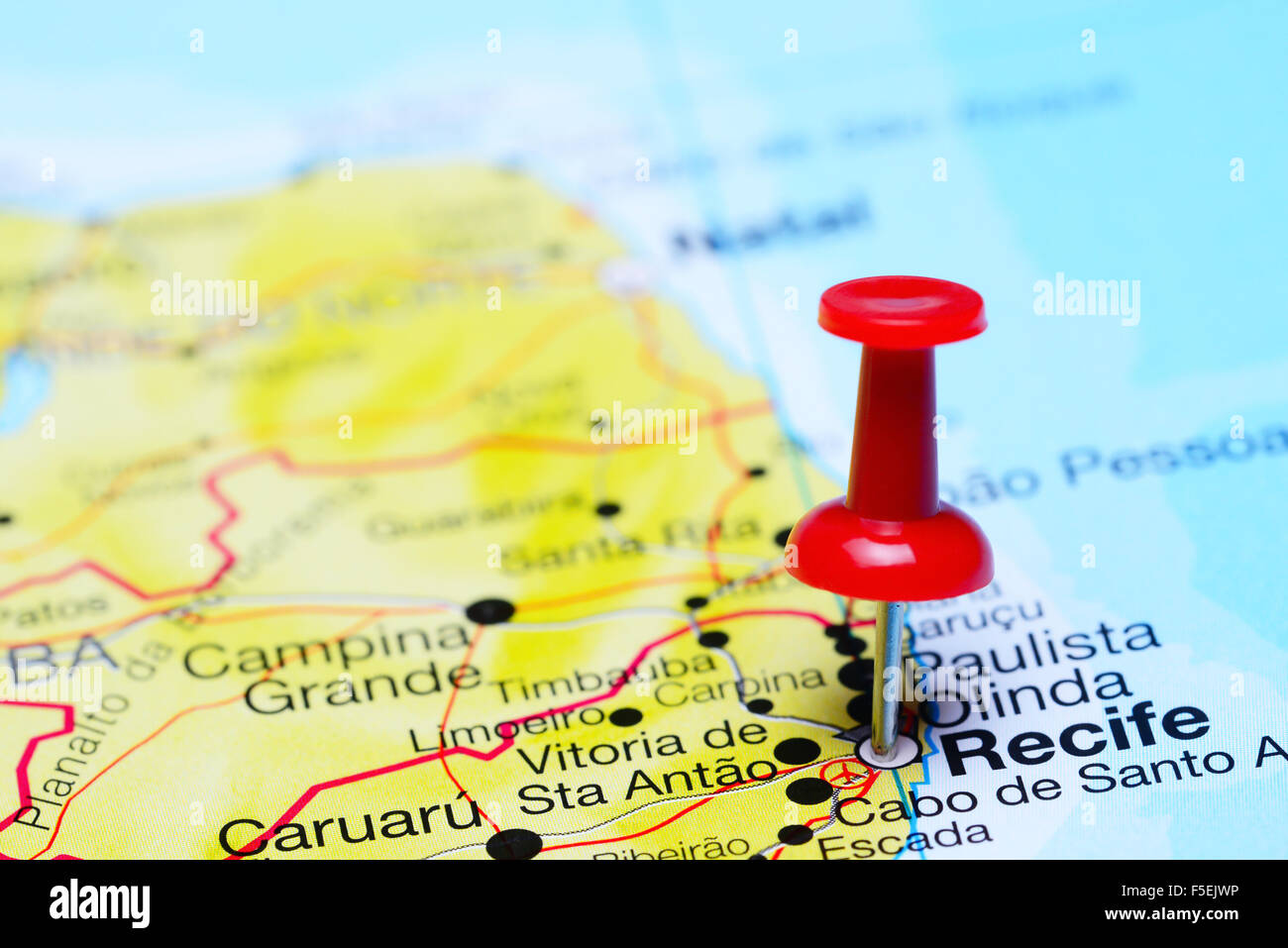 Recife pinned on a map of Brazil Stock Photo