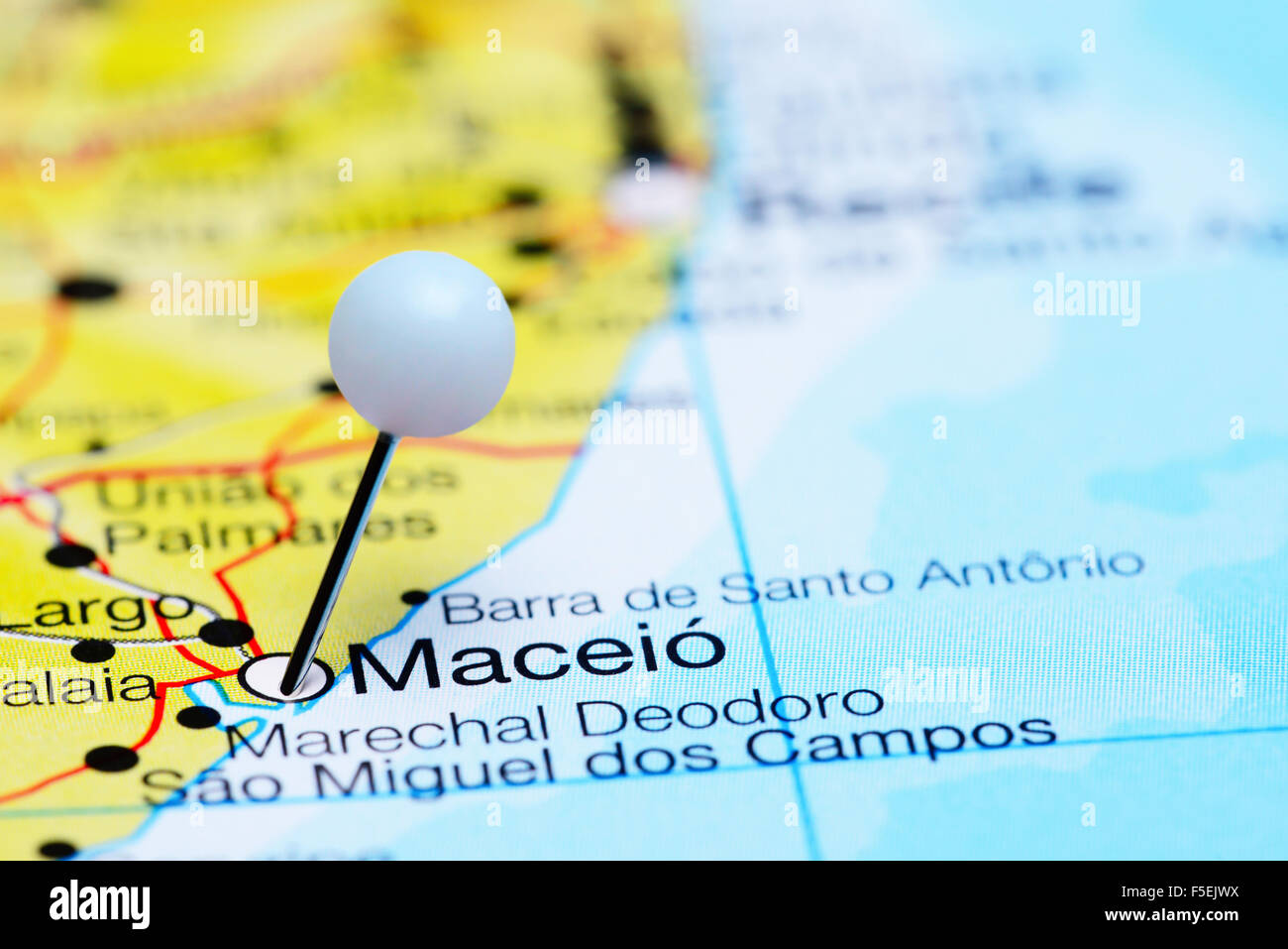 Maceio pinned on a map of Brazil Stock Photo