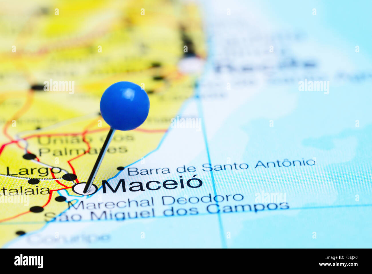 Maceio pinned on a map of Brazil Stock Photo