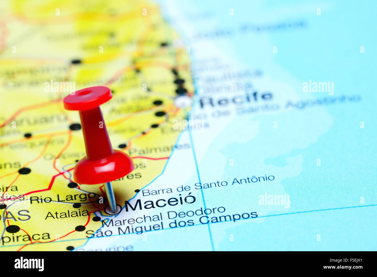 Maceio pinned on a map of Brazil Stock Photo